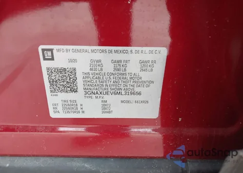 2021 Chevrolet Equinox Awd Lt z USA, uszkodzony, nr VIN 3GNAXUEV6ML319656